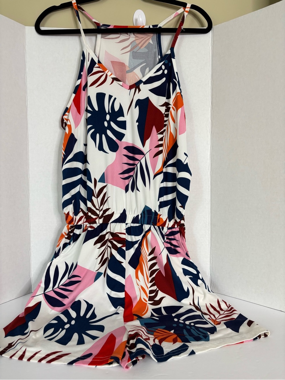 Source Unknown Multicolor Tropical Print Romper - Navy, Pink & Orange